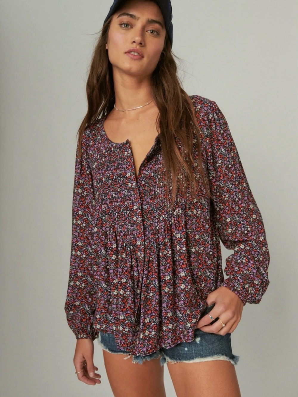 Lucky Brand Printed Button Down Pintuck Top Ditsy Floral | Navy Multi | Medium